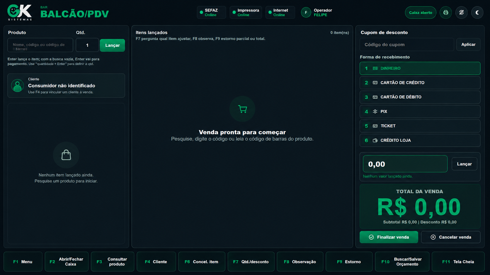 Tela de PDV do OK Sistema com venda, pagamentos e total