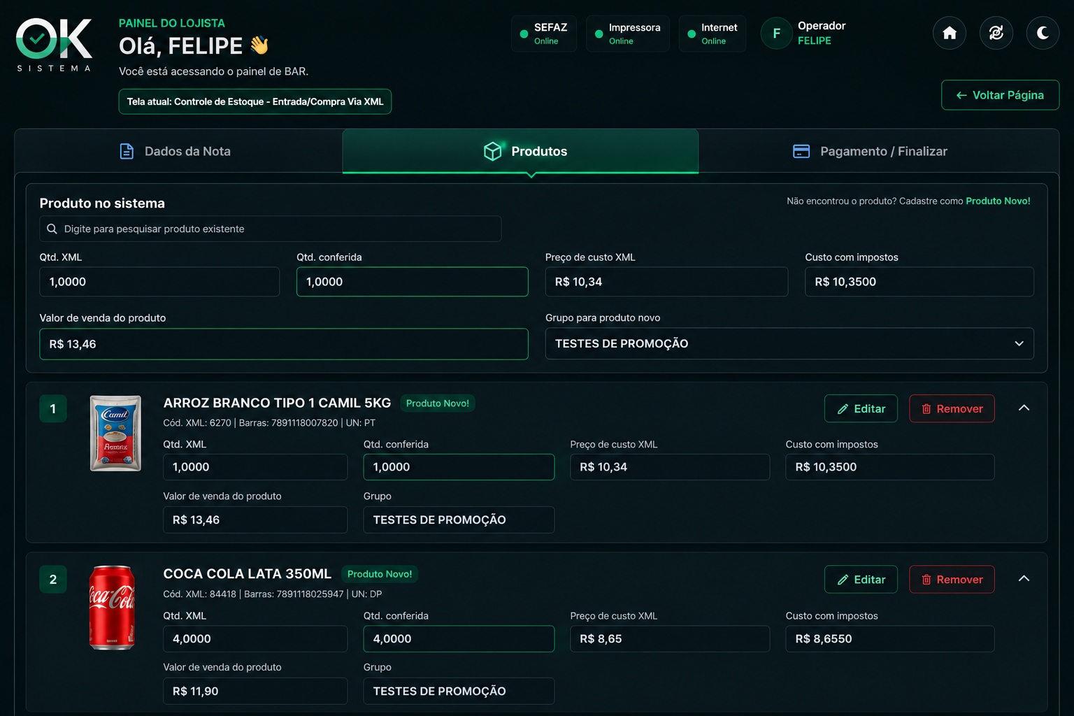 Tela de produtos e estoque do OK Sistema com entrada via XML