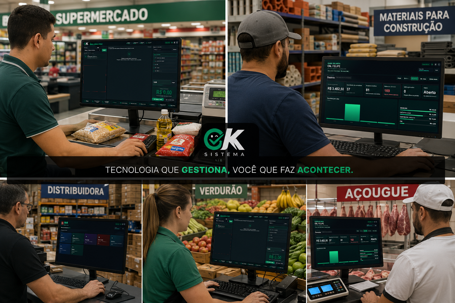 OK Sistema em uso em mercados, distribuidoras, hortifrutis, açougues e lojas de material de construção