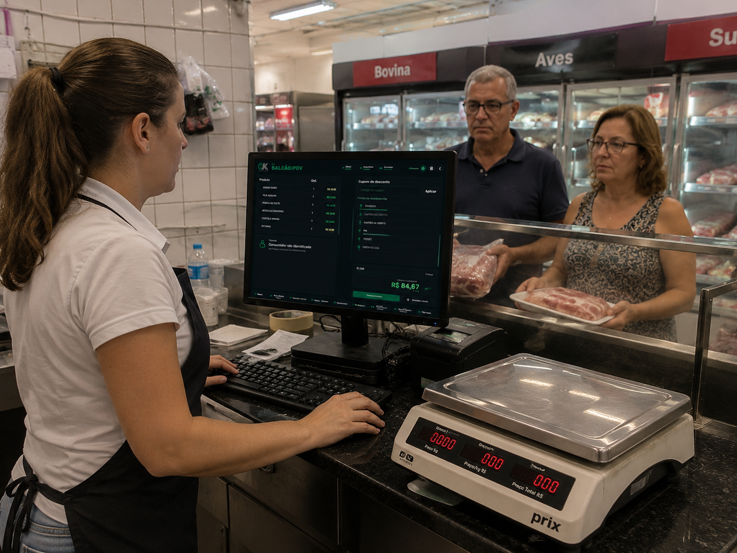 Açougue usando o OK Sistema no atendimento